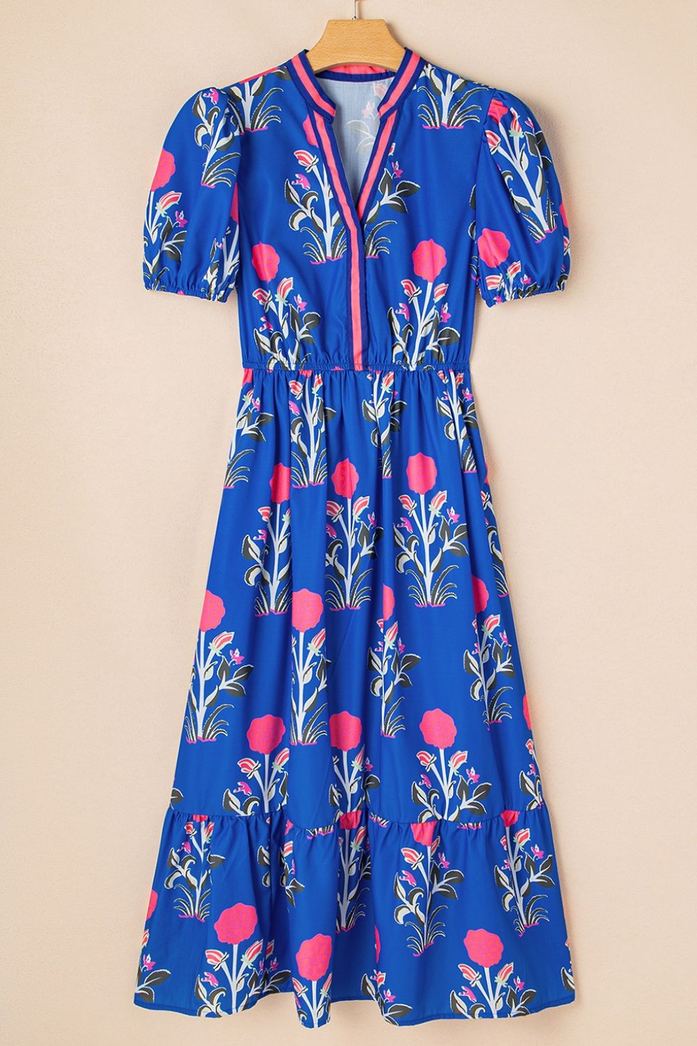 Floral Puff Short Sleeve High Waist Midi Dress Trendsi