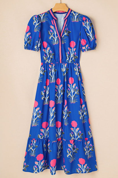 Floral Puff Short Sleeve High Waist Midi Dress Trendsi