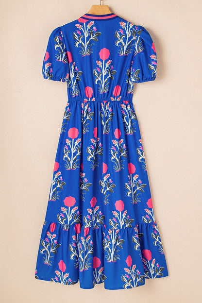 Floral Puff Short Sleeve High Waist Midi Dress Trendsi