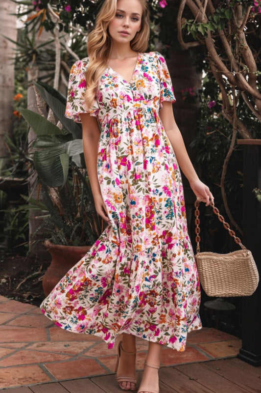 Floral Short Sleeve V Neck Maxi Dress with Pockets Trendsi