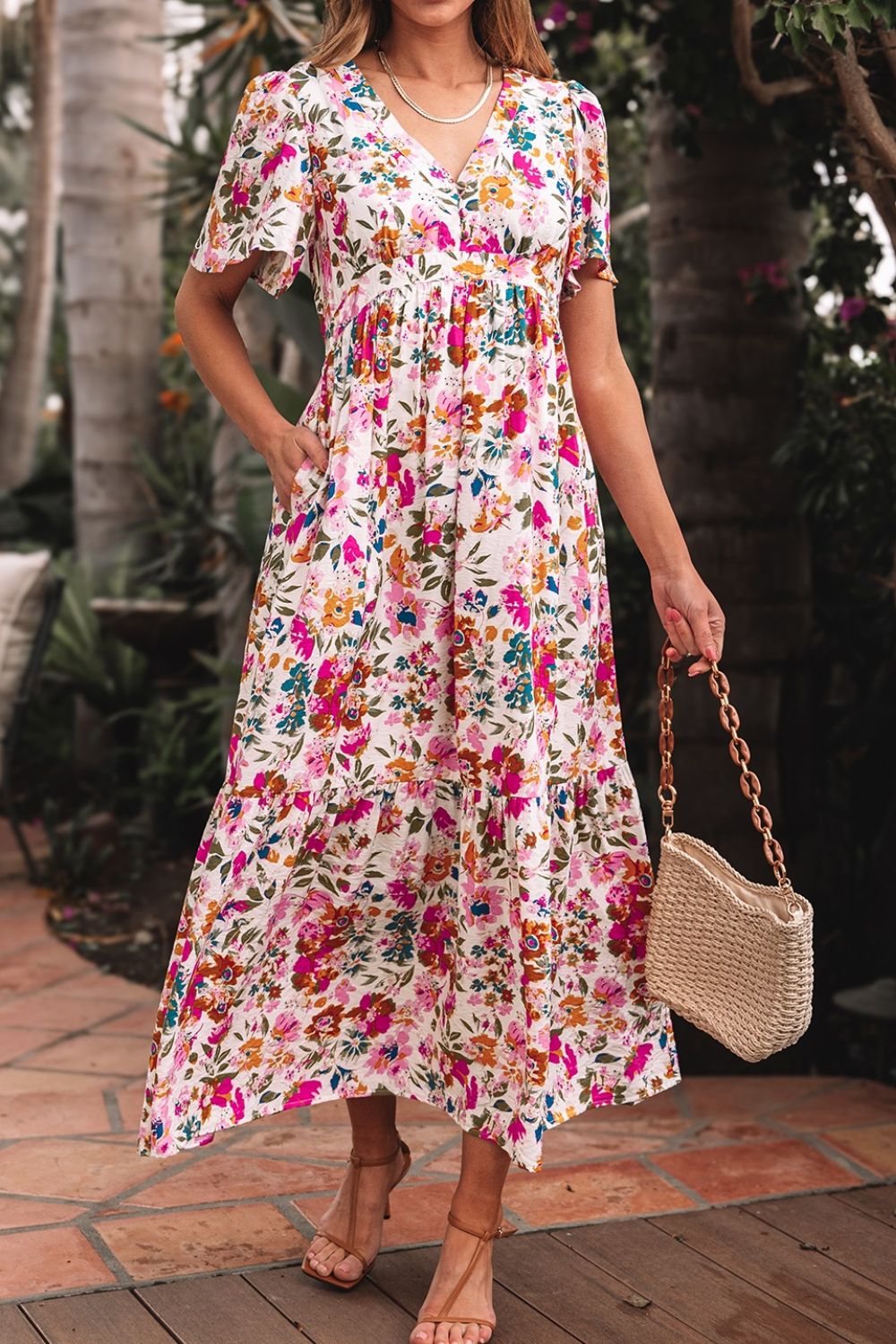 Floral Short Sleeve V Neck Maxi Dress with Pockets