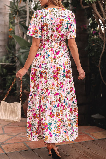Floral Short Sleeve V Neck Maxi Dress with Pockets Trendsi