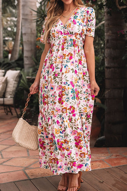 Floral Short Sleeve V Neck Maxi Dress with Pockets Trendsi