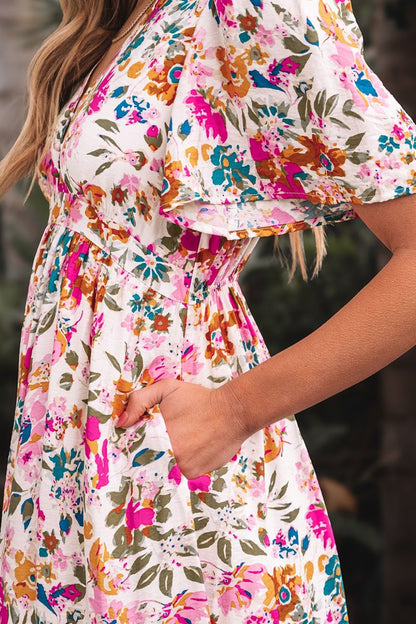 Floral Short Sleeve V Neck Maxi Dress with Pockets Trendsi
