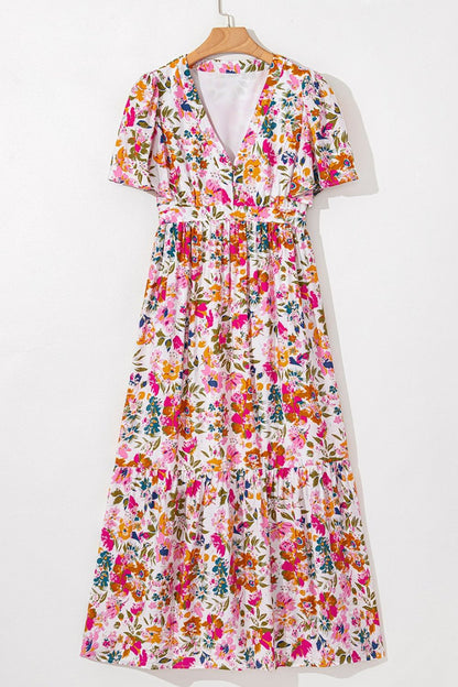 Floral Short Sleeve V Neck Maxi Dress with Pockets Trendsi
