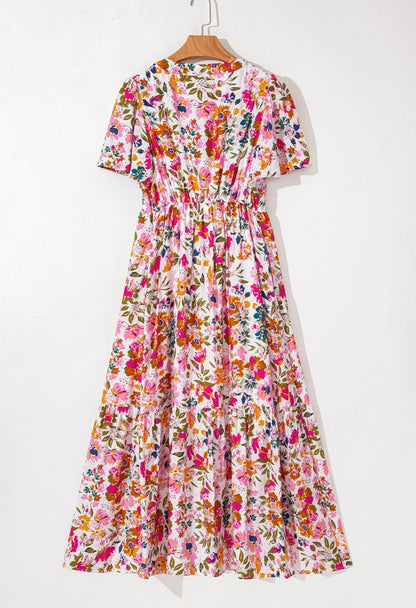 Floral Short Sleeve V Neck Maxi Dress with Pockets Trendsi