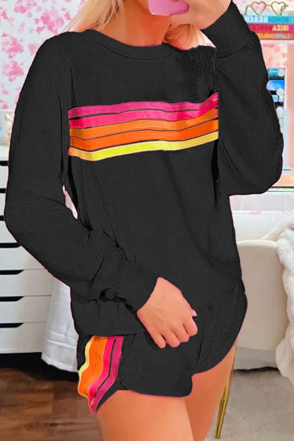 Contrast Striped Round Neck Top and Shorts Set Trendsi