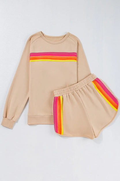 Contrast Striped Round Neck Top and Shorts Set Trendsi
