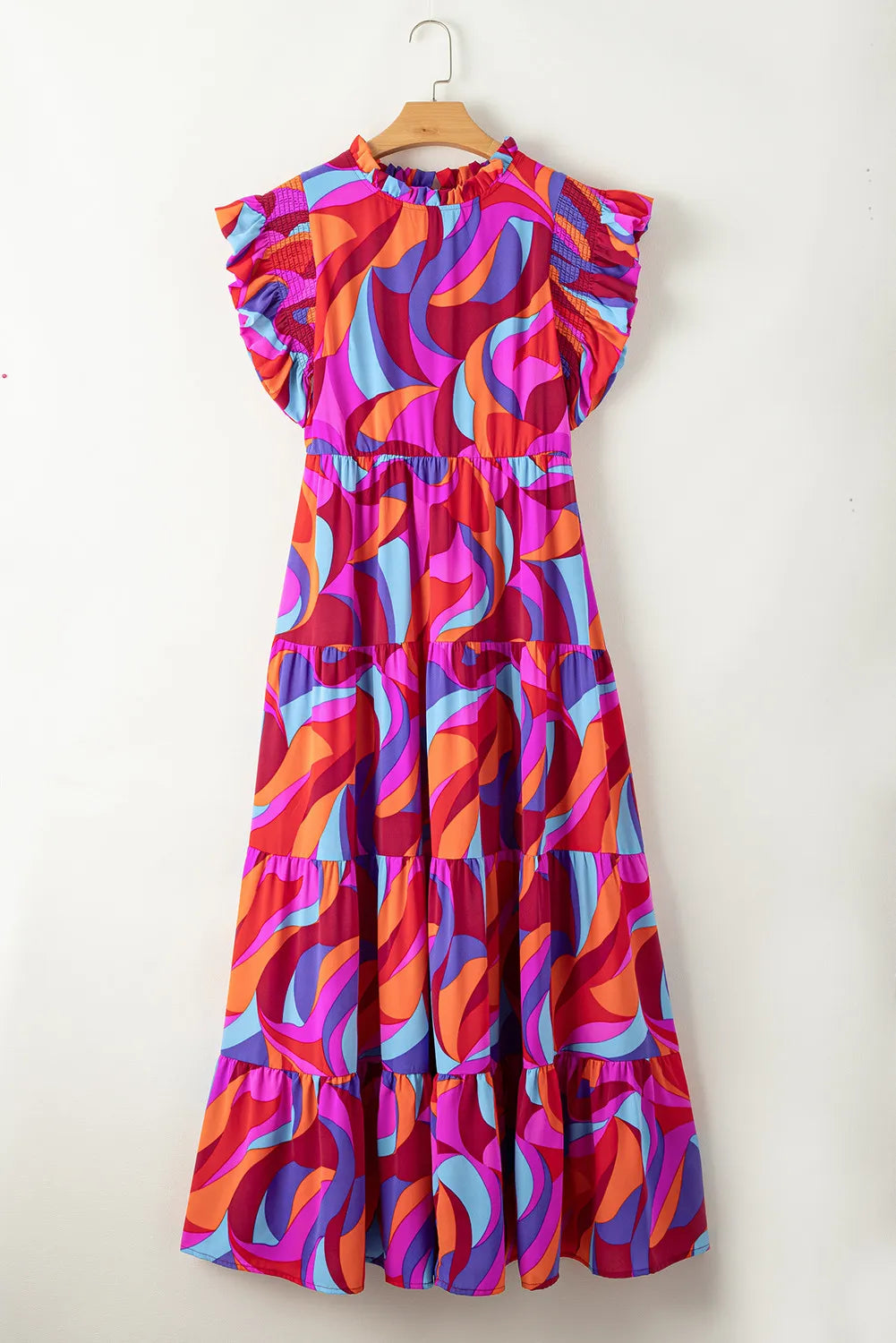 Full Size Printed Ruffled Mock Neck Tiered Dress Trendsi