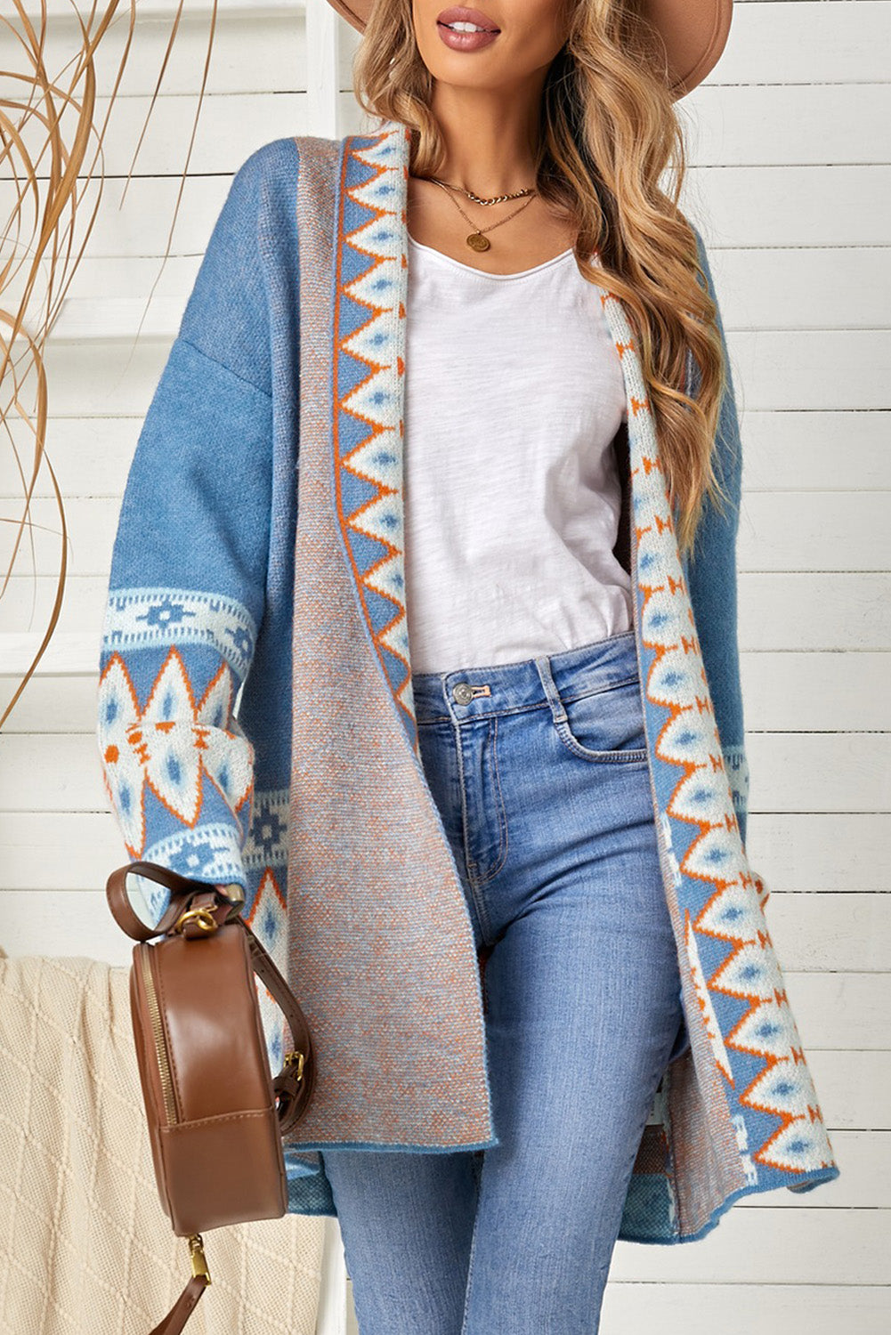 Aztec Print Geometric Open Front Long Sleeve Cardigan Trendsi