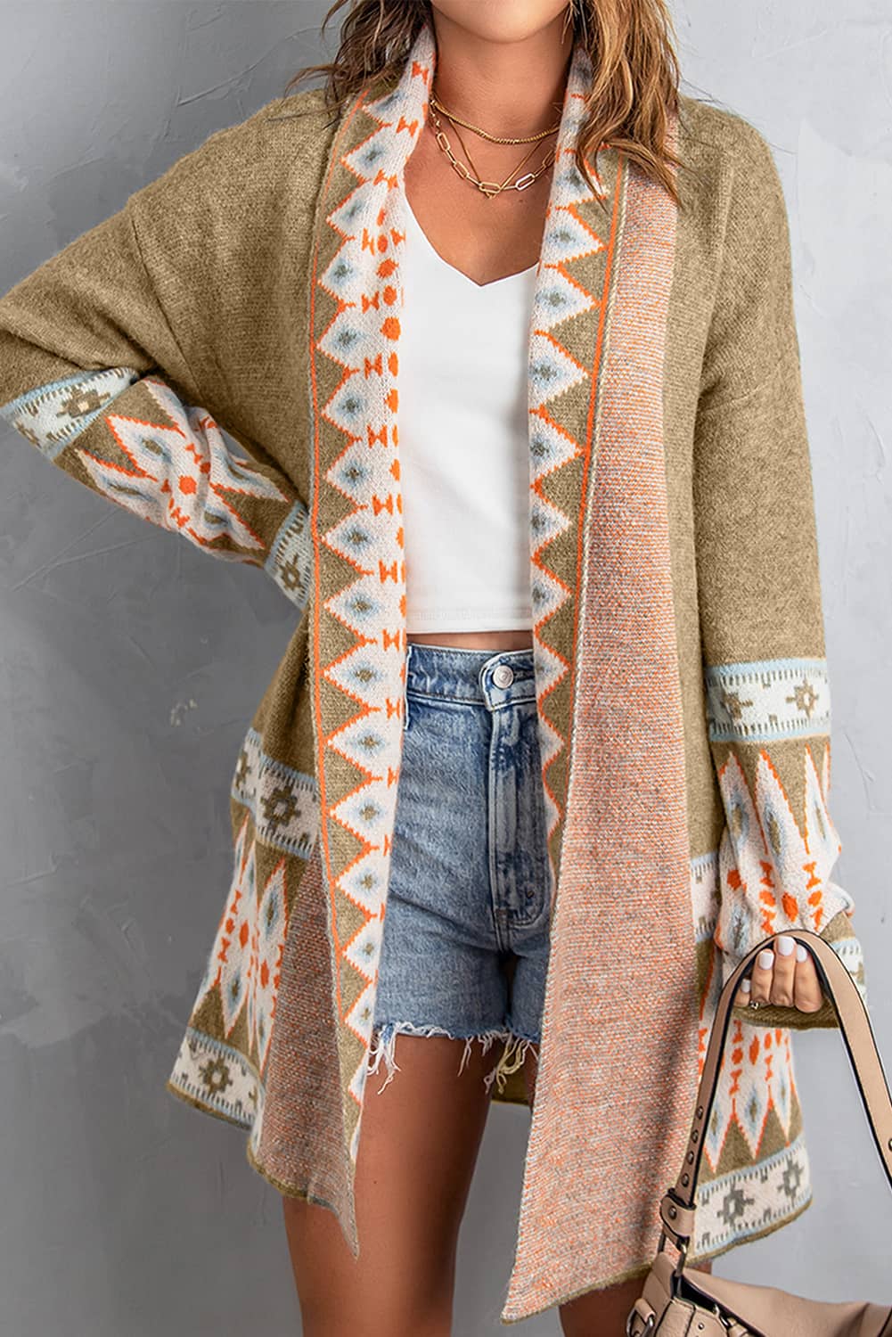 Aztec Print Geometric Open Front Long Sleeve Cardigan Trendsi