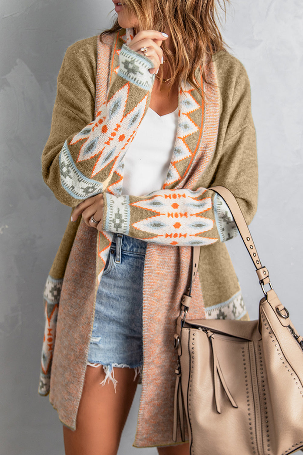 Aztec Print Geometric Open Front Long Sleeve Cardigan Trendsi