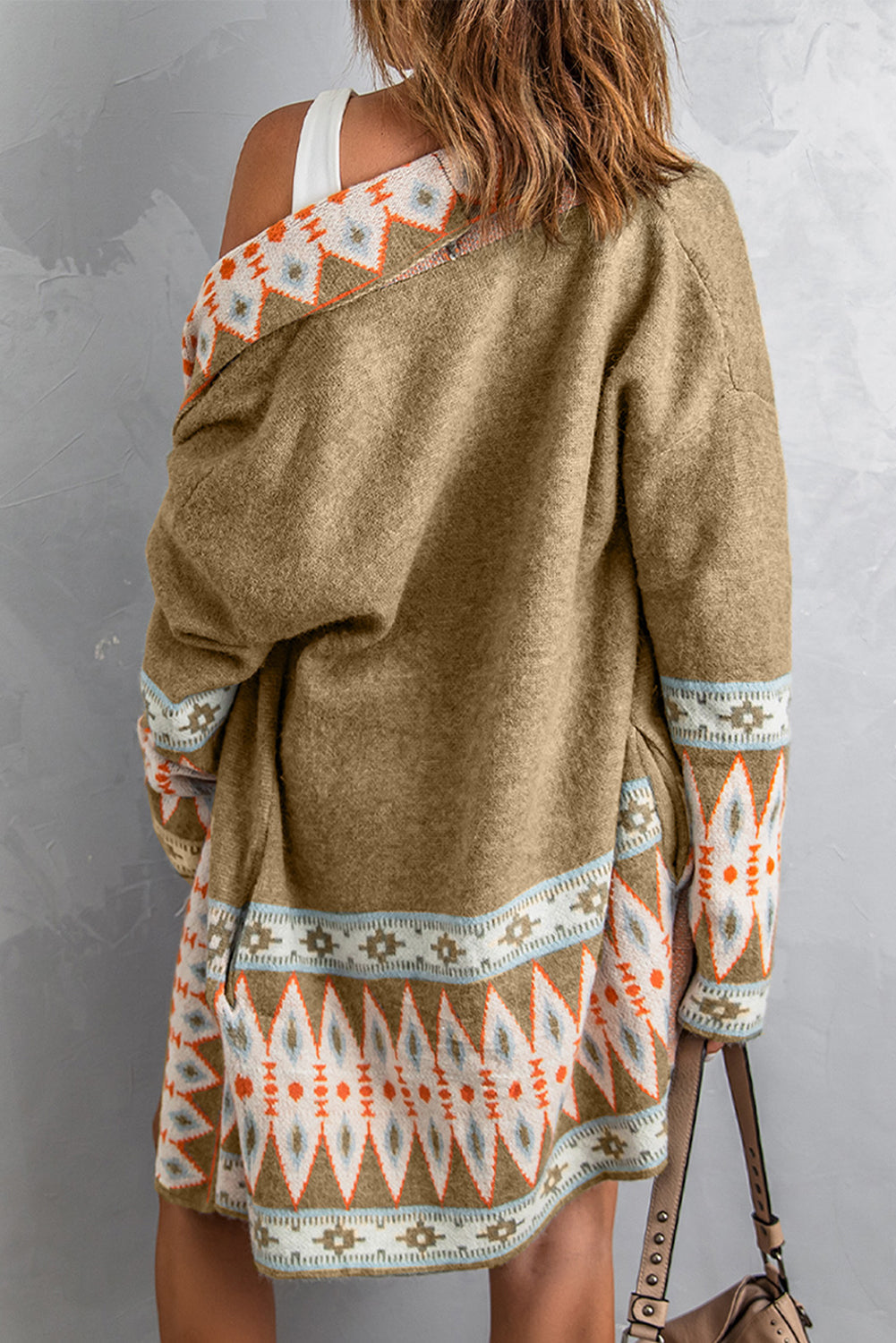 Aztec Print Geometric Open Front Long Sleeve Cardigan Trendsi