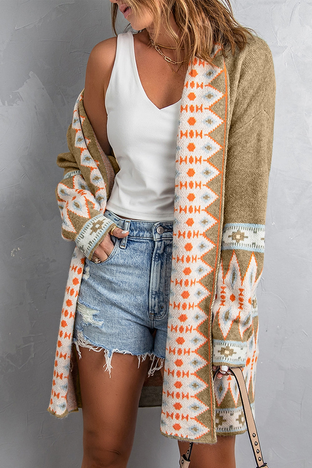 Aztec Print Geometric Open Front Long Sleeve Cardigan Trendsi
