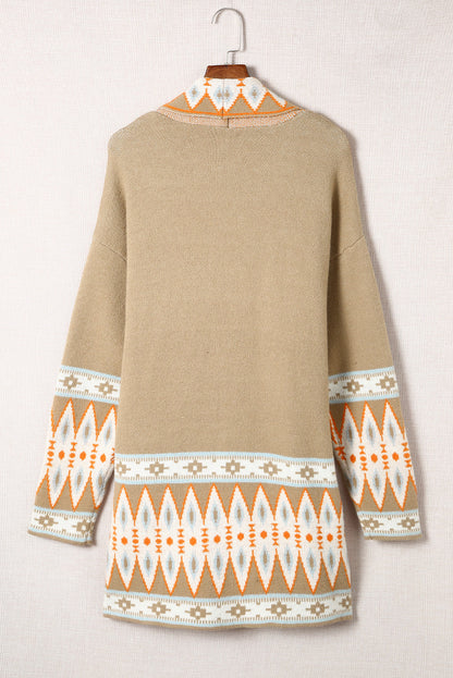 Aztec Print Geometric Open Front Long Sleeve Cardigan Trendsi