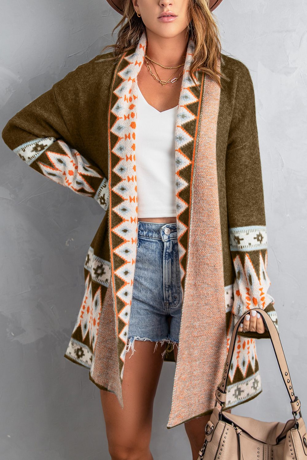 Aztec Print Geometric Open Front Long Sleeve Cardigan Trendsi