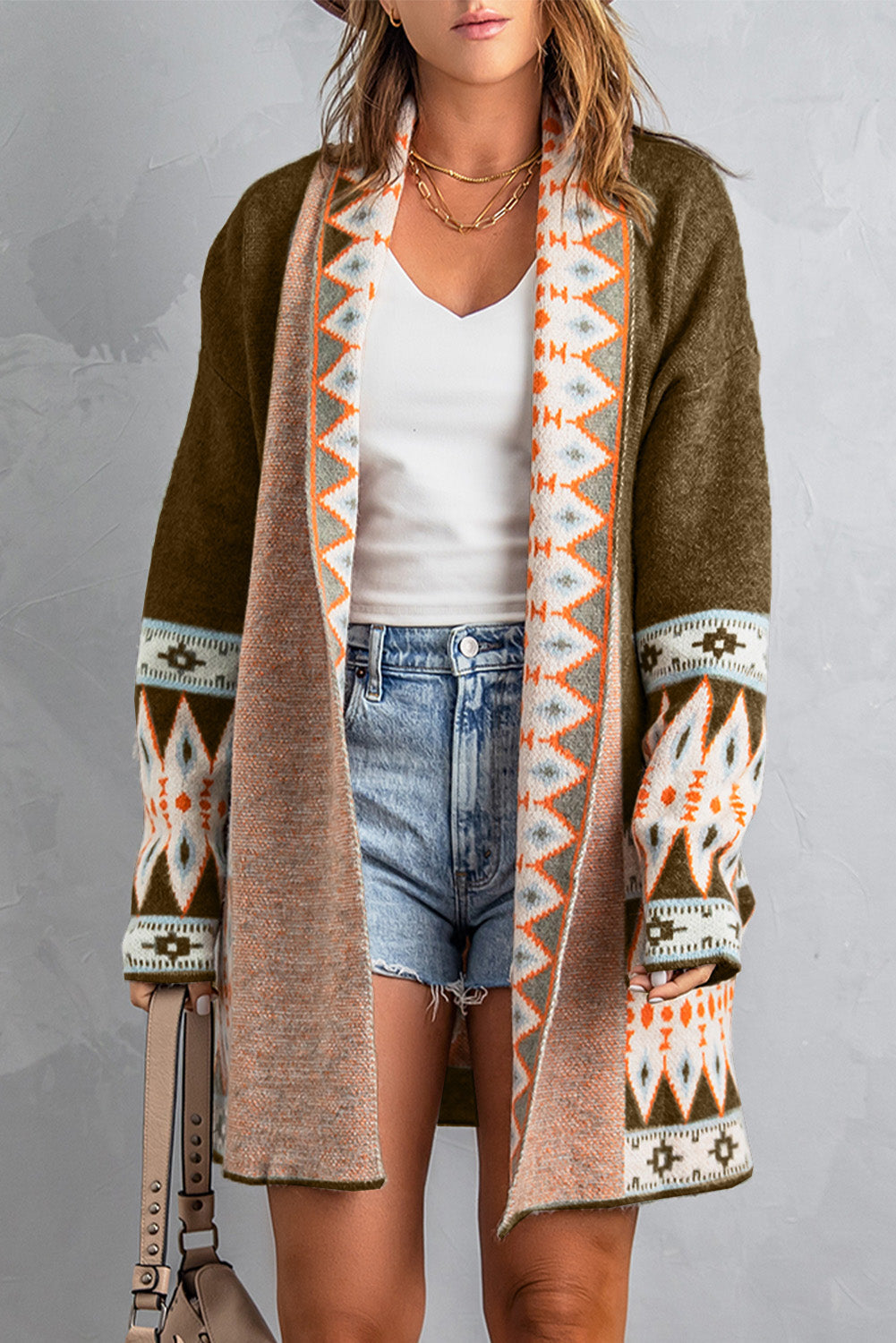 Aztec Print Geometric Open Front Long Sleeve Cardigan Trendsi