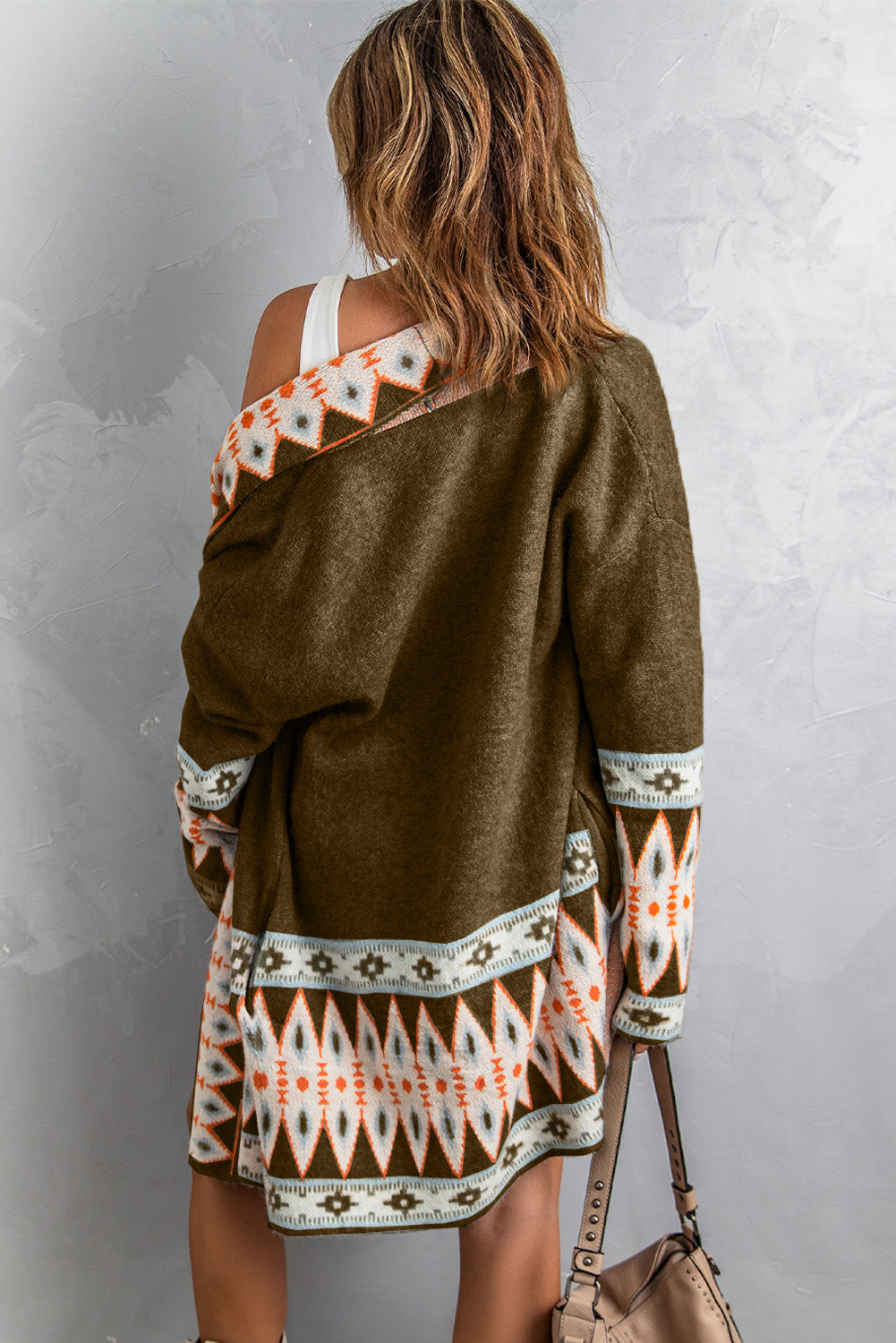 Aztec Print Geometric Open Front Long Sleeve Cardigan Trendsi