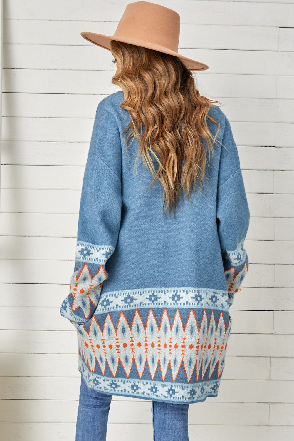 Aztec Print Geometric Open Front Long Sleeve Cardigan Trendsi