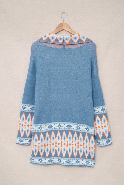 Aztec Print Geometric Open Front Long Sleeve Cardigan Trendsi