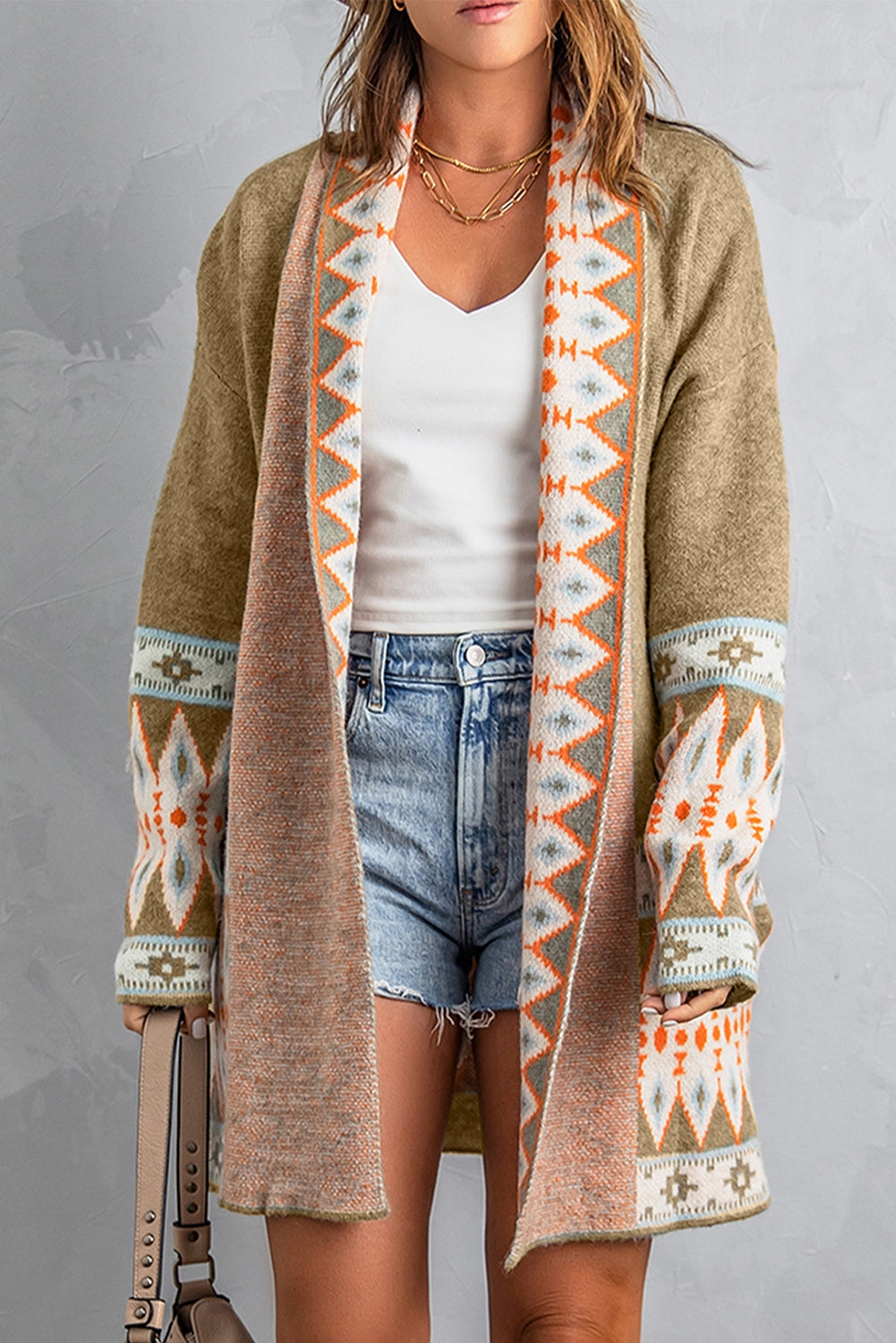 Aztec Print Geometric Open Front Long Sleeve Cardigan Trendsi