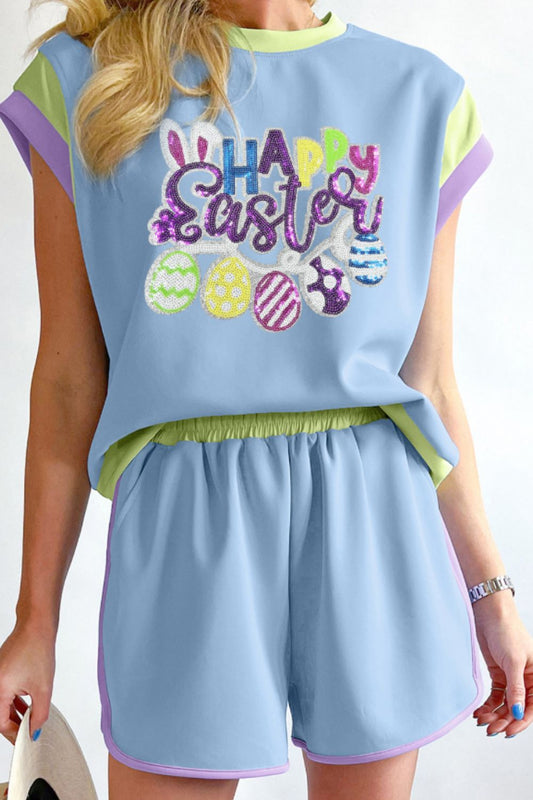 HAPPY EASTER Sequin Round Neck Top and Short Set Trendsi