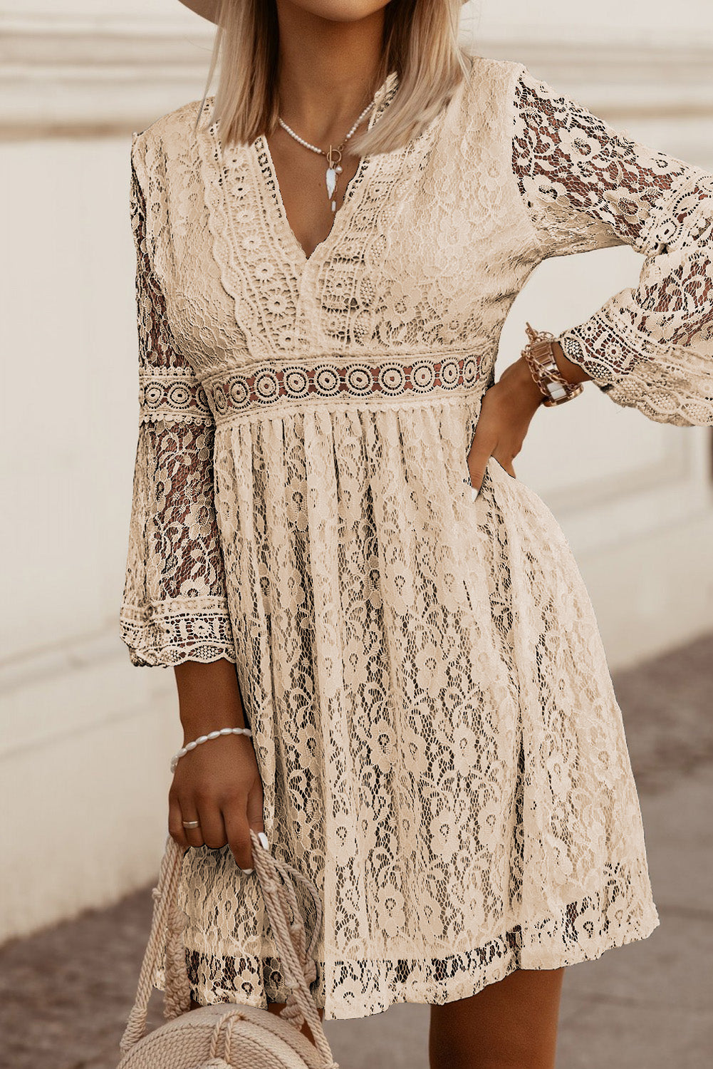 Lace V-Neck Three-Quarter Sleeve Dress Trendsi