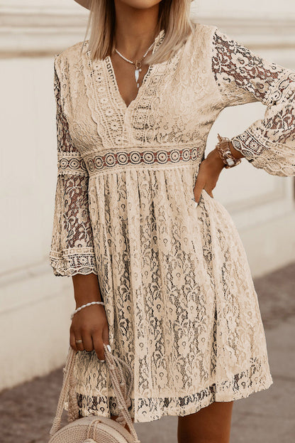 Lace V-Neck Three-Quarter Sleeve Dress Trendsi