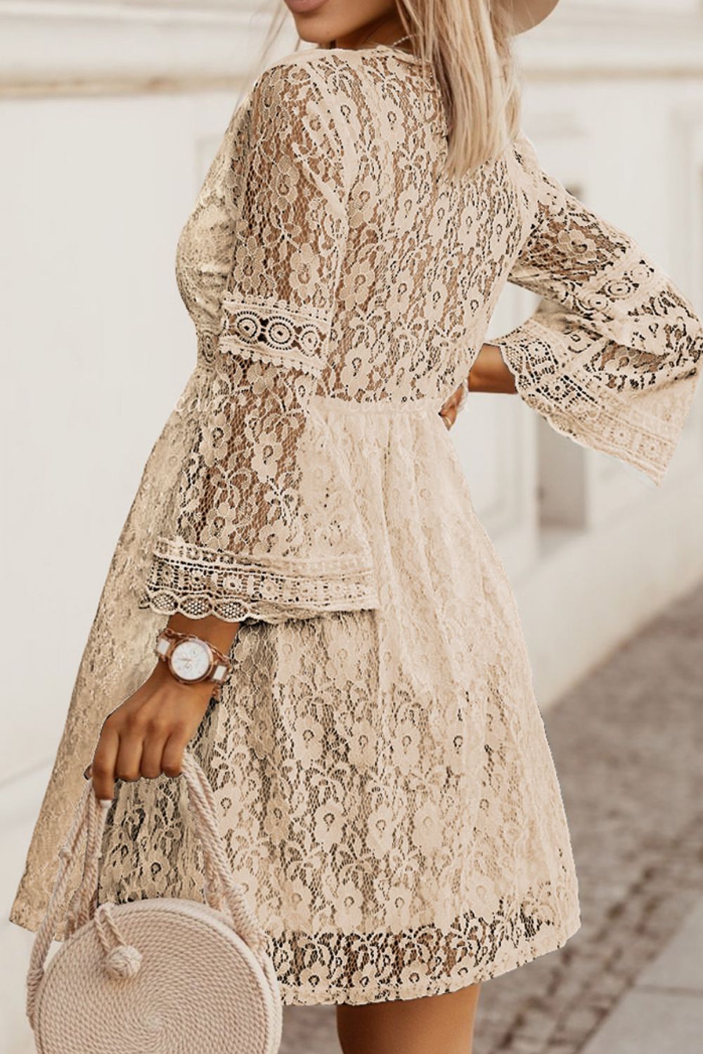 Lace V-Neck Three-Quarter Sleeve Dress Trendsi
