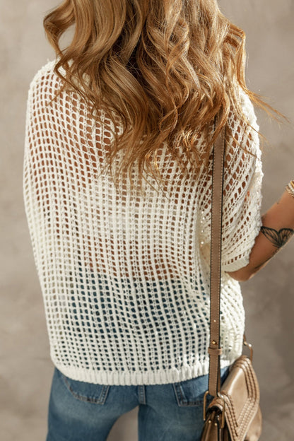 Openwork Round Neck Half Sleeve Knit Cover Up Trendsi