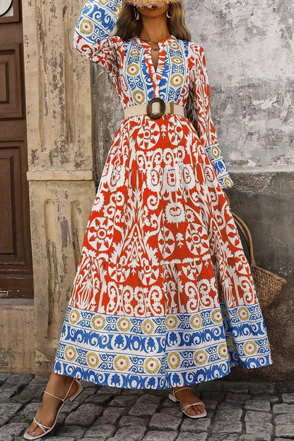 Bohemian Vintage Printed Notched Long Sleeve Maxi Dress Trendsi