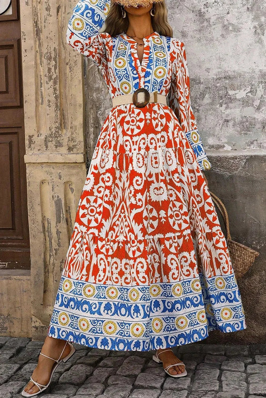 Bohemian Vintage Printed Notched Long Sleeve Maxi Dress Trendsi