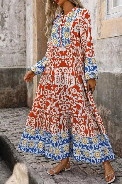 Bohemian Vintage Printed Notched Long Sleeve Maxi Dress Trendsi