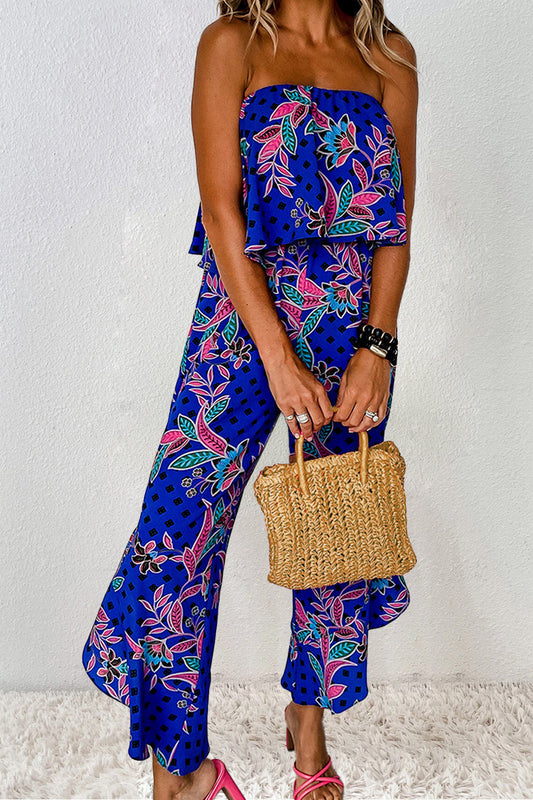 Printed Royal Blue Paisley Florals Tube Jumpsuit Trendsi