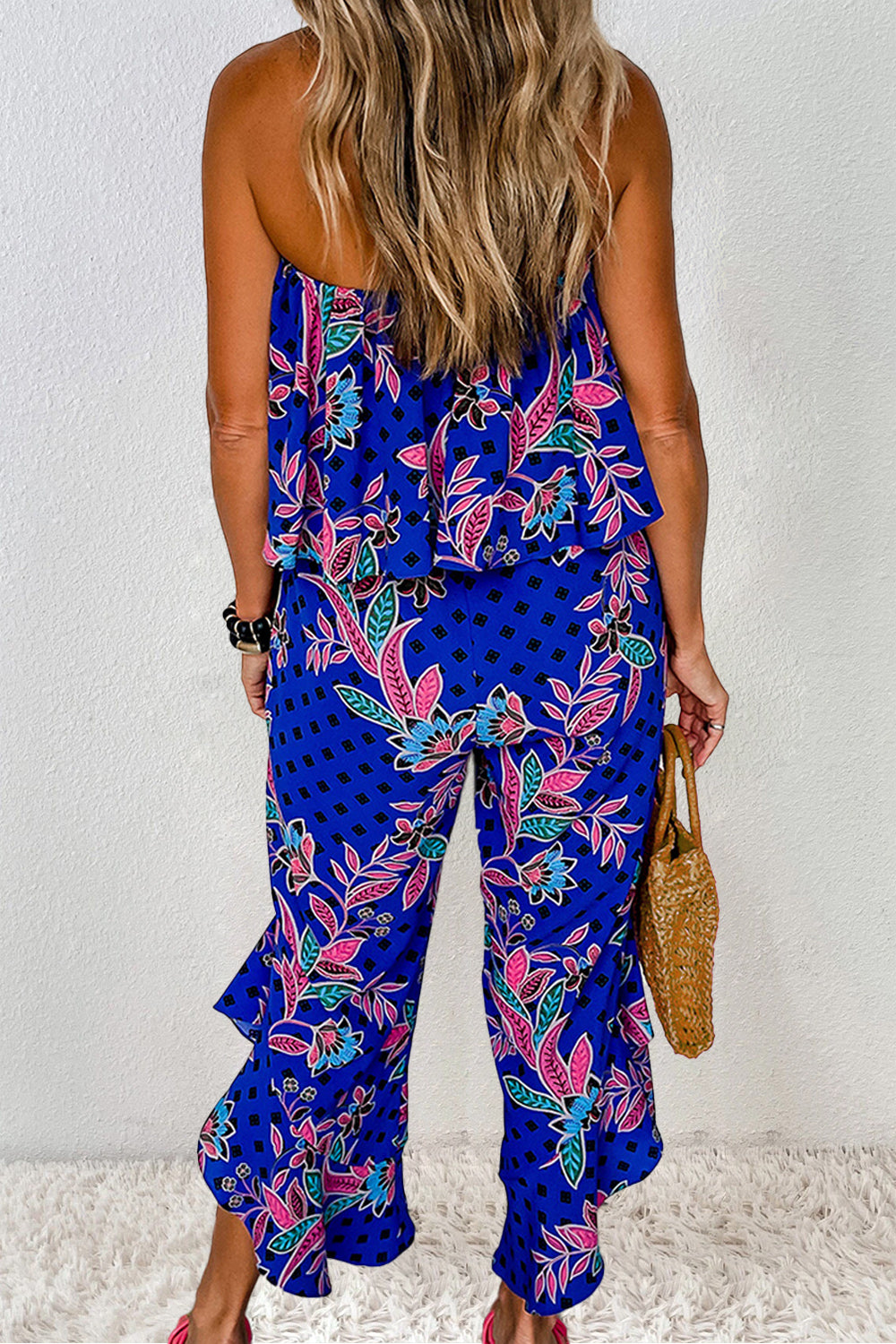 Printed Royal Blue Paisley Florals Tube Jumpsuit Trendsi