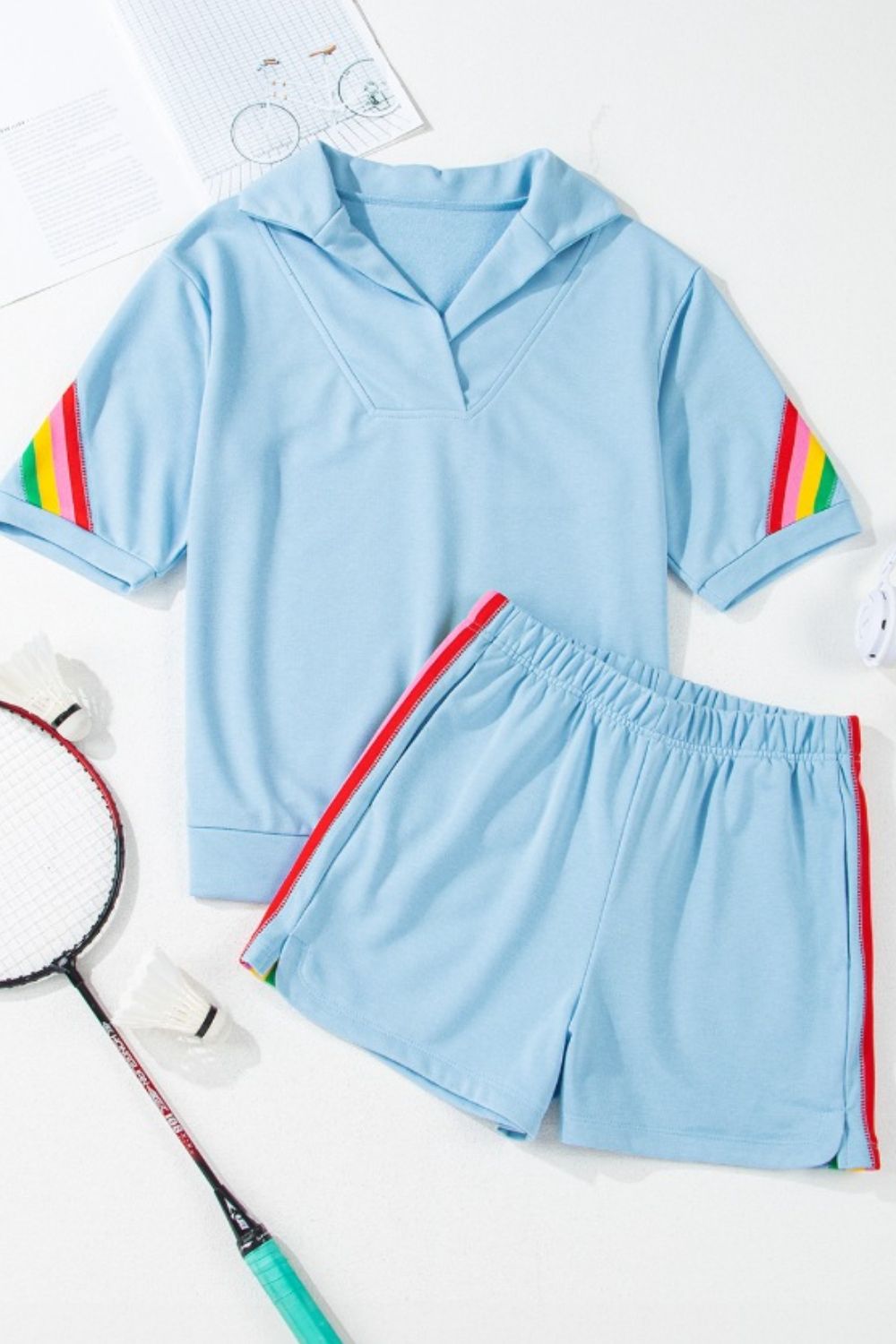 Rainbow Collared Short Sleeve Top and Shorts Set Trendsi