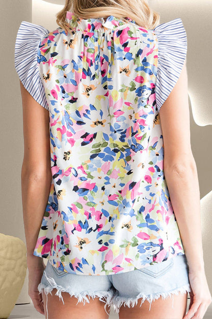 Floral Print Mock Neck Ruffled Cap Sleeve Blouse Trendsi