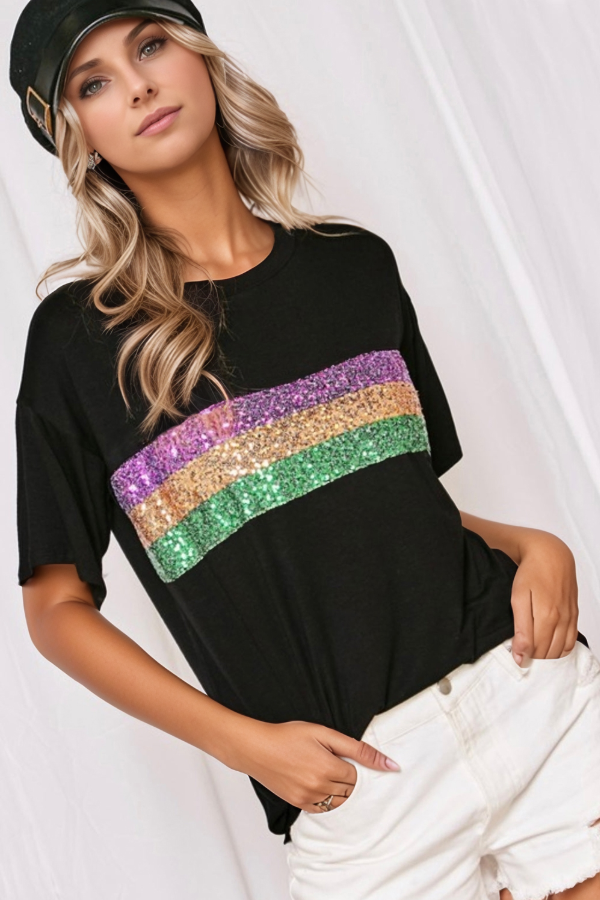 Sequin Stripes Crew Neck T Shirt Trendsi