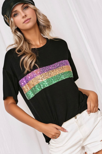 Sequin Stripes Crew Neck T Shirt Trendsi