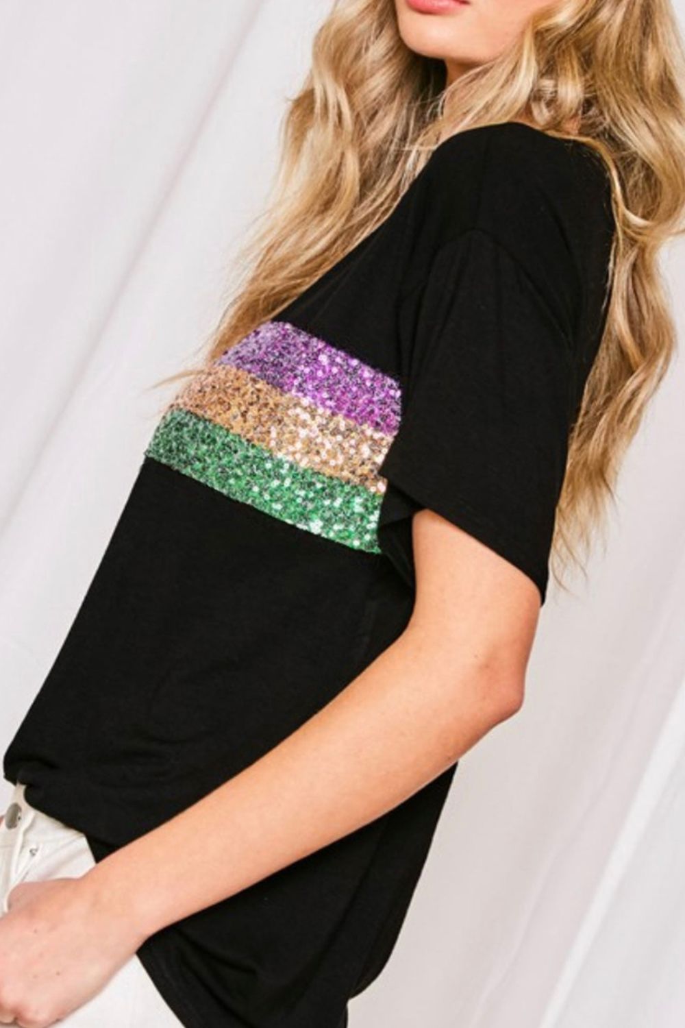 Sequin Stripes Crew Neck T Shirt Trendsi