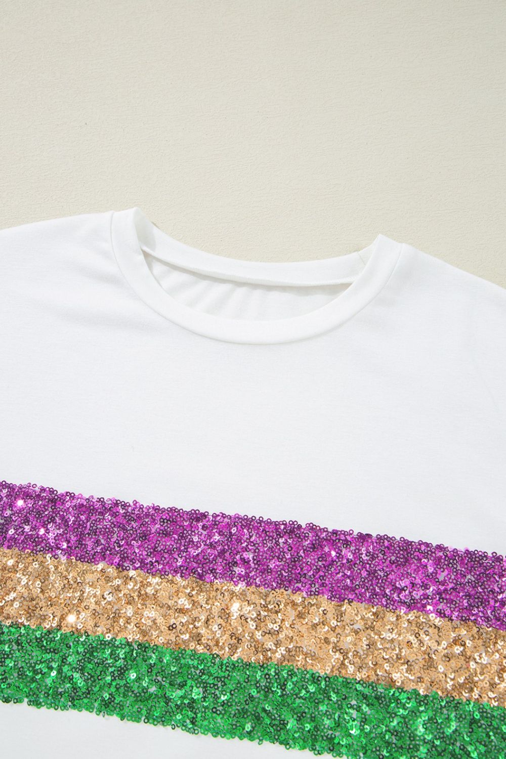 Sequin Stripes Crew Neck T Shirt Trendsi