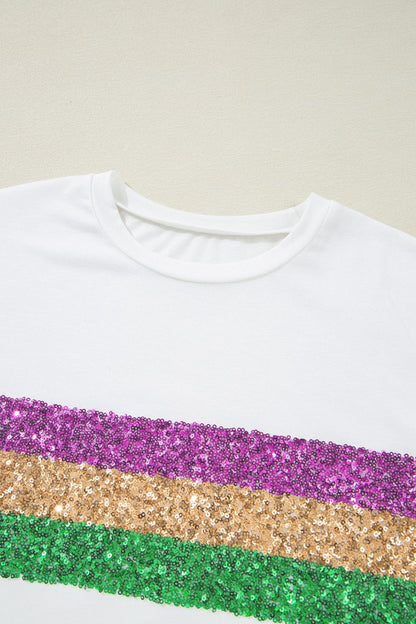 Sequin Stripes Crew Neck T Shirt Trendsi