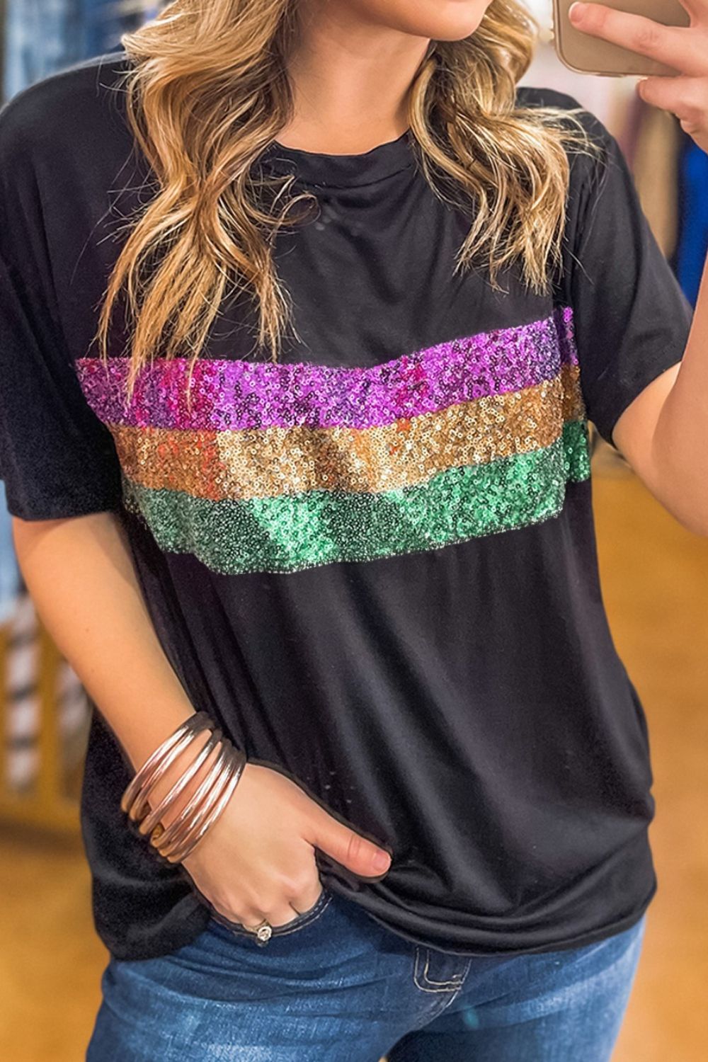 Sequin Stripes Crew Neck T Shirt Trendsi