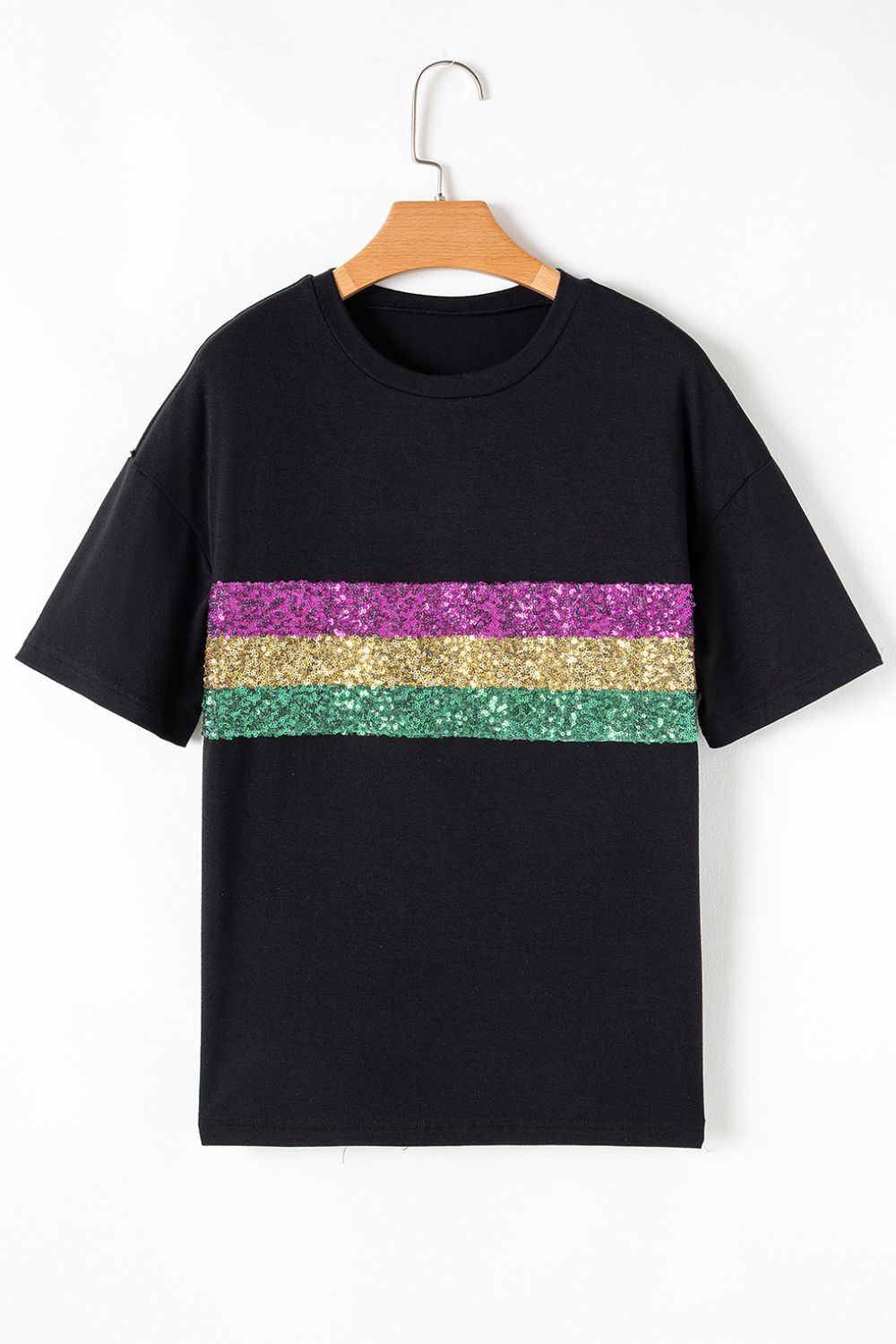 Sequin Stripes Crew Neck T Shirt Trendsi