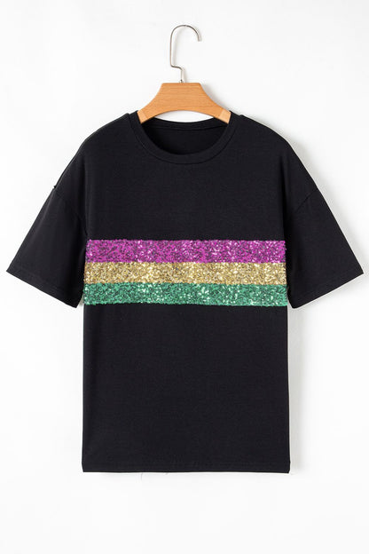 Sequin Stripes Crew Neck T Shirt Trendsi