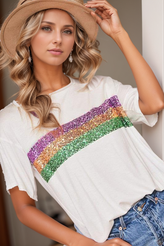 Sequin Stripes Crew Neck T Shirt Trendsi