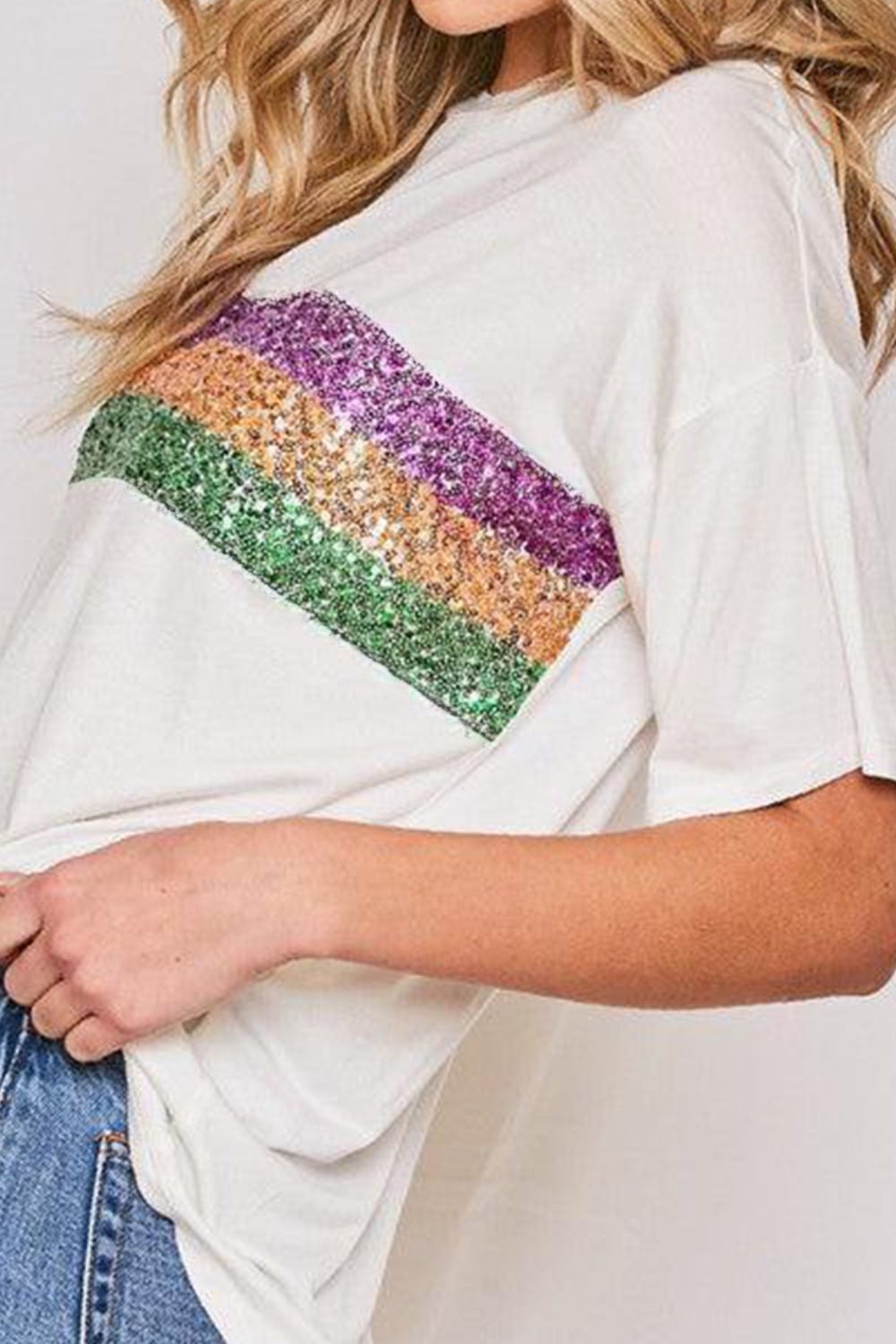 Sequin Stripes Crew Neck T Shirt Trendsi