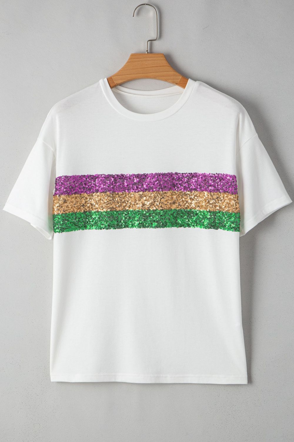 Sequin Stripes Crew Neck T Shirt Trendsi