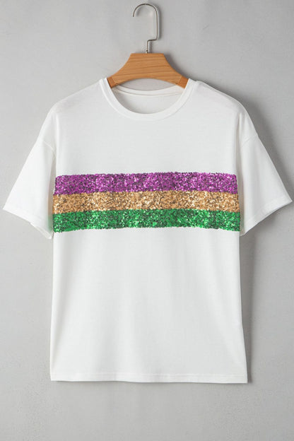 Sequin Stripes Crew Neck T Shirt Trendsi