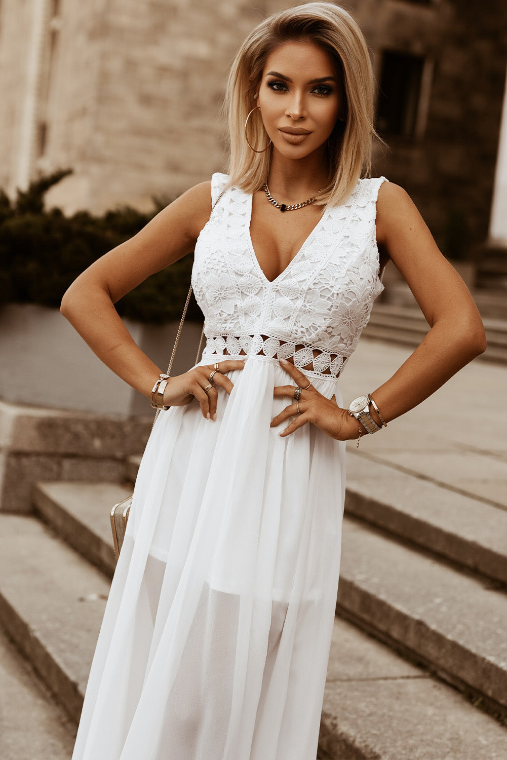 Side Slit Lace Detail Deep V-Neck Maxi Sun Dress Trendsi